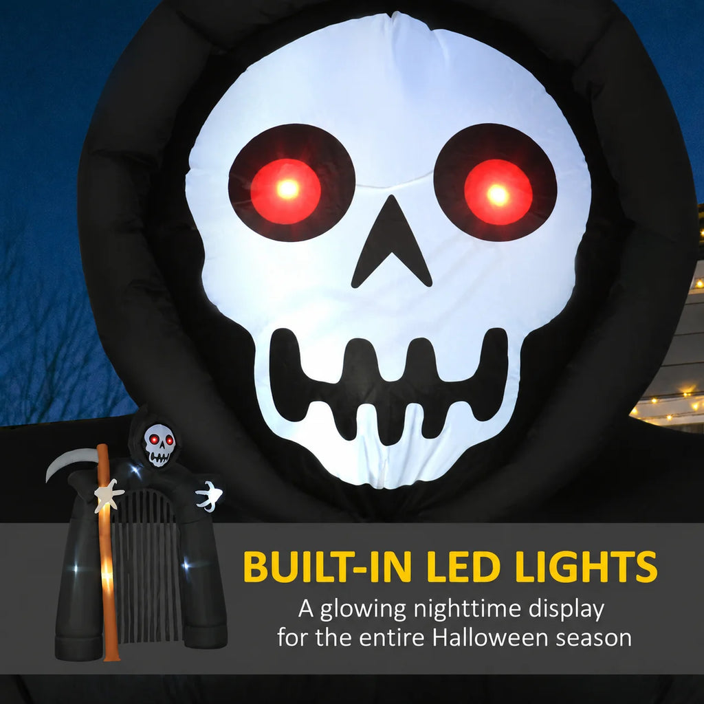Halloween DIY-Deko 285 cm riesiger aufblasbarer Sensenmann-Torbogen mit leuchtend roten Augen und integrierten LED-Lichtern, wasserfeste, selbstaufblasende Dekoration für den Außenbereich, Garten und Eingangsbereich