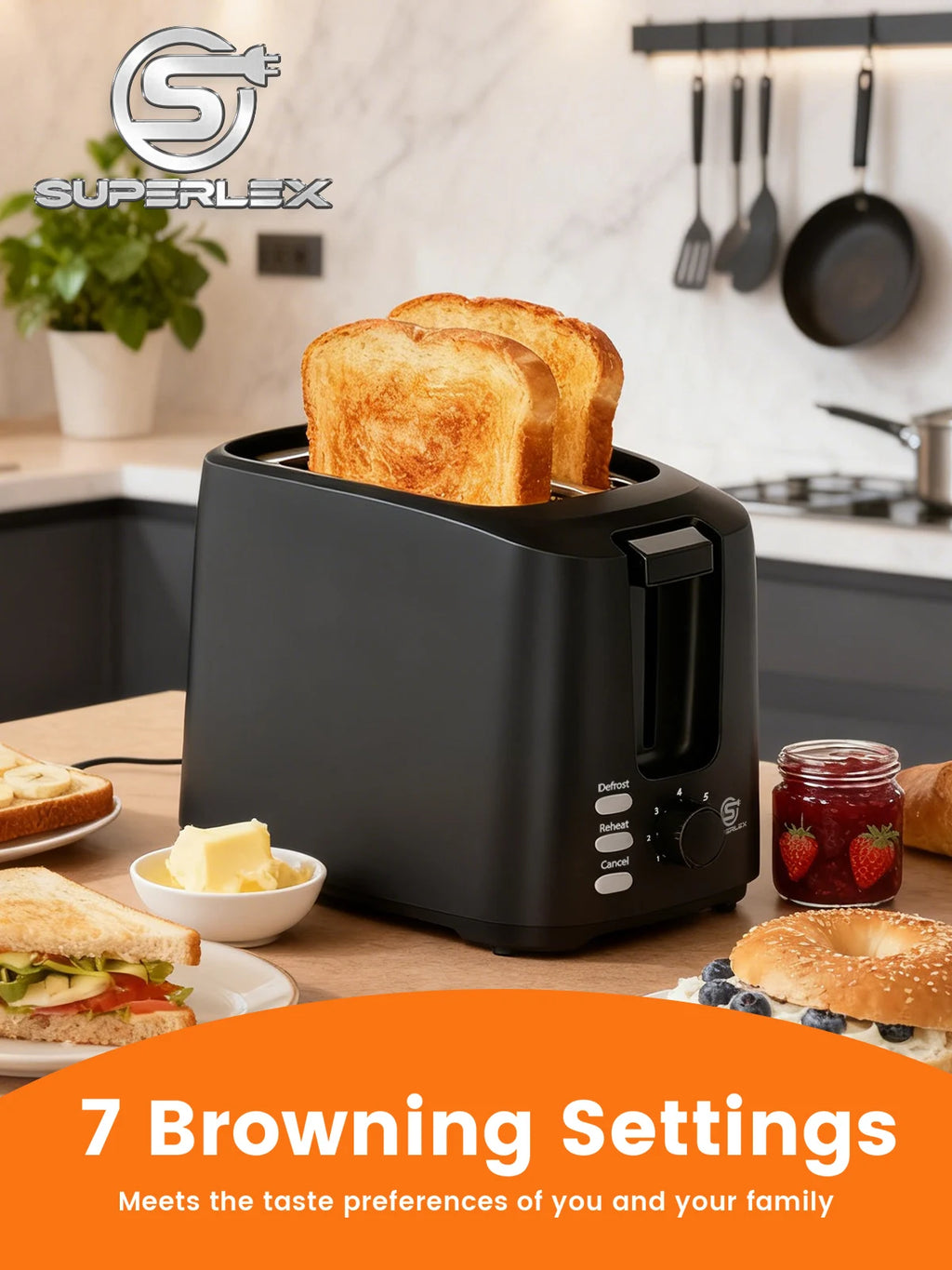 Tostadora SUPERLEX de 2 rebanadas con ranuras anchas, 6 modos, funcionamiento automático y 3 botones, pequeña, de acero inoxidable, para pan