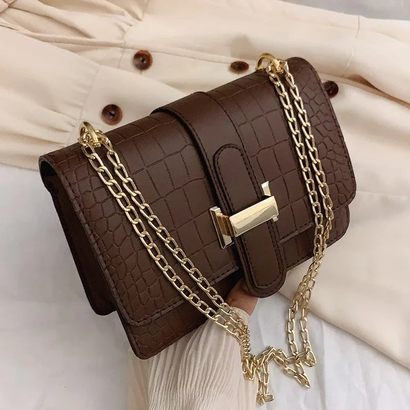 Women Crocodile Pattern PU Leather Square Bag Luxury Gold Chain Crossbody Bag Fashion Shoulder Handbag For Ladies Daily Party