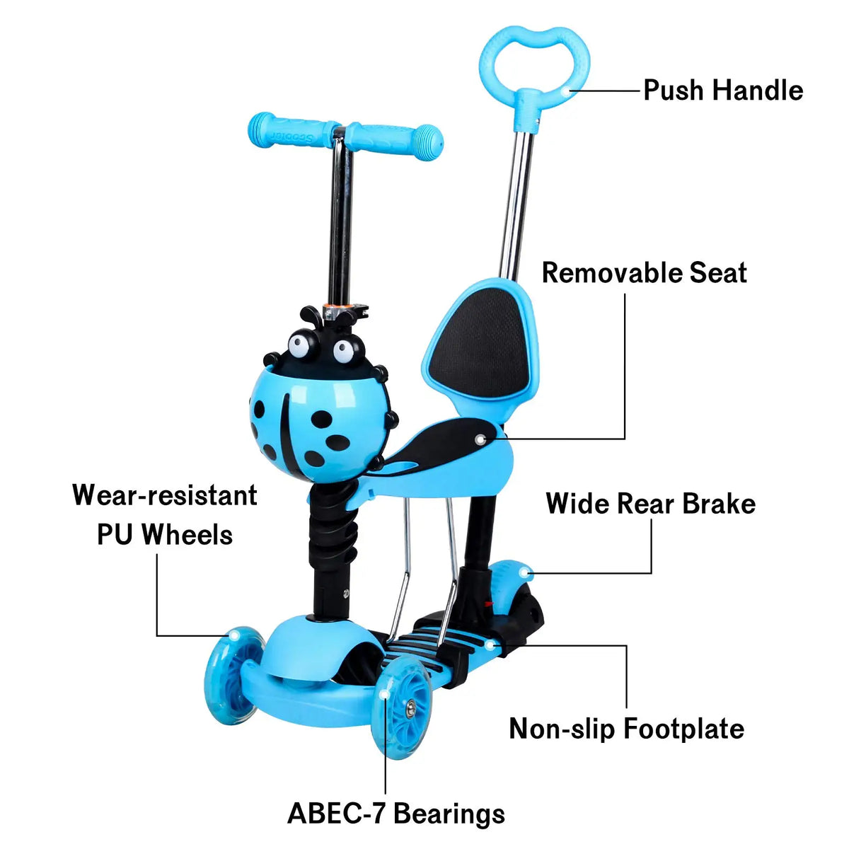 Monopattino per bambini 5 in 1, monopattino a 3 ruote con luci LED lampeggianti, manubrio, sedile e maniglione regolabili e rimovibili
