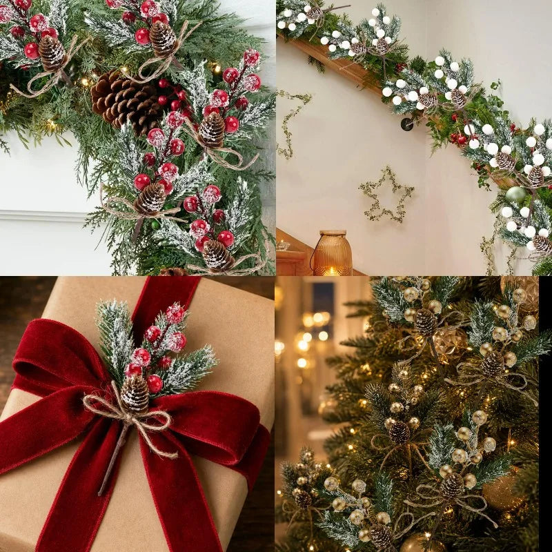 1/20x Snowflake Pine Cone Berry Branch Artificial Red Berry Pine Needle DIY Wreath Fake Flowers Home Party Christmas Decoration