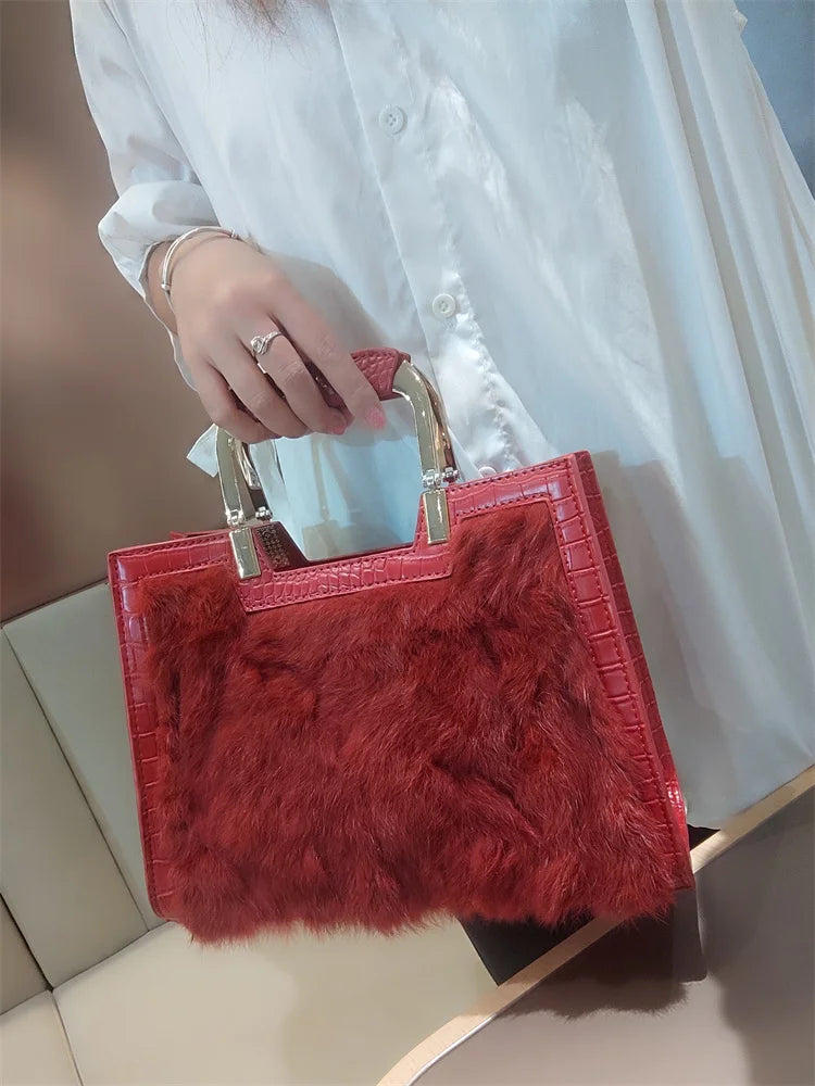 Genuine Leather Women's Handbag Luxury Fashion Real Rabbit Hair Single Shoulder Messenger Bag Large Capacity Portable Tote Bags