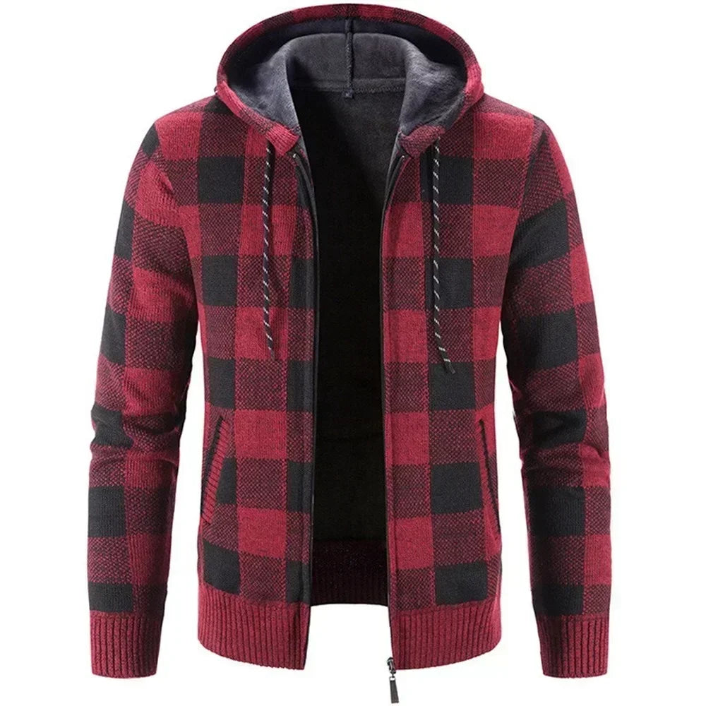Men's Autumn Winter New Hooded Plaid Printed Long Sleeve Sweater Casual Zipper Cardigan Coat Plush Large FleeceThick Coat