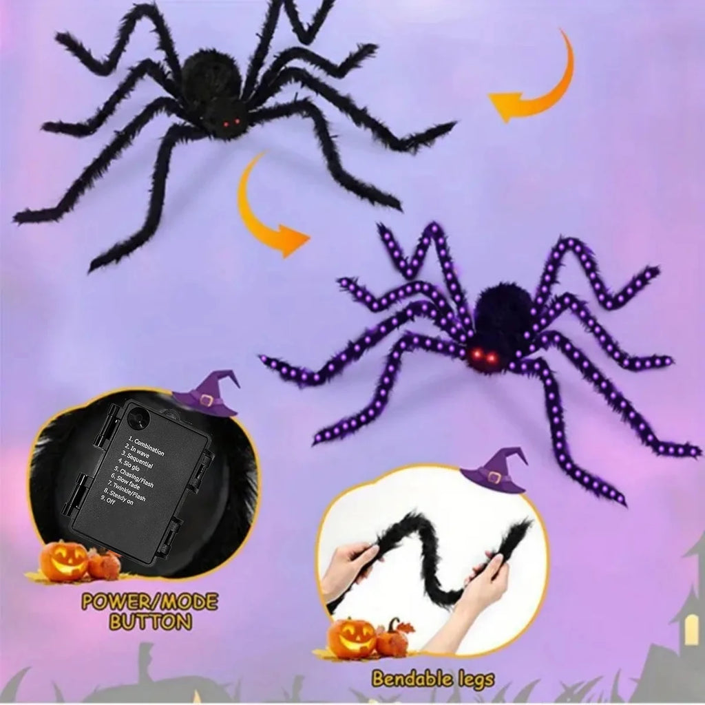 1 Stück Halloween-Riesenspinne, flauschig und schwarz, mit violetten LEDs, batteriebetrieben, 8 Leuchtmodi, für die Innen- und Außendekoration von Veranden