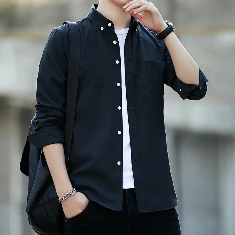 Autumn New Long Sleeve Solid Shirts for Men Casual Turn-down Collar Blouse Fashion Casual Business Slim Fit Shirts Button Tops