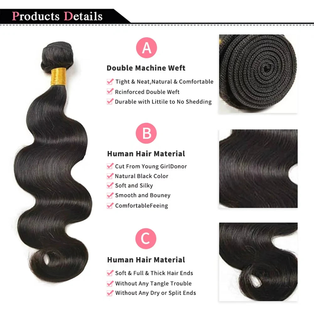 12A Body-Wave-Haarbündel aus unbehandeltem brasilianischem Remy-Echthaar, 14–30 Zoll, Naturfarbe, Echthaar-Extensions