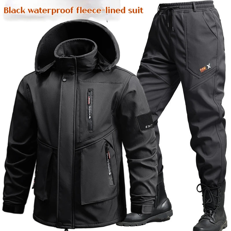 Men’s Winter Workwear Set, Thickened Waterproof Jacket and Pants, Windproof Outdoor Two-Piece Suit for Men
