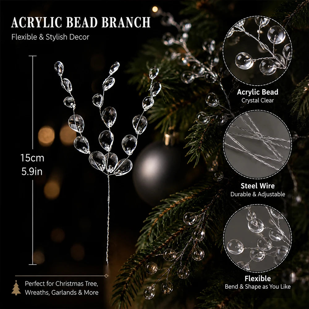 10/30/50Pcs Christmas Decorations Acrylic Bead Drop Stems Flowers Crafts for Xmas Tree Gifts DIY Floral Party Decor Accessories