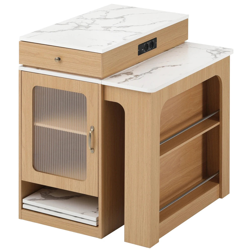 Rollbare Kücheninsel mit ausziehbarem Esstisch und abnehmbarer Tischplatte, Bartisch mit Steckdosenleisten, Mehrzweckmöbel als Kücheninsel, Buffet, Sideboard oder Bartisch für Küche und Esszimmer, Natur