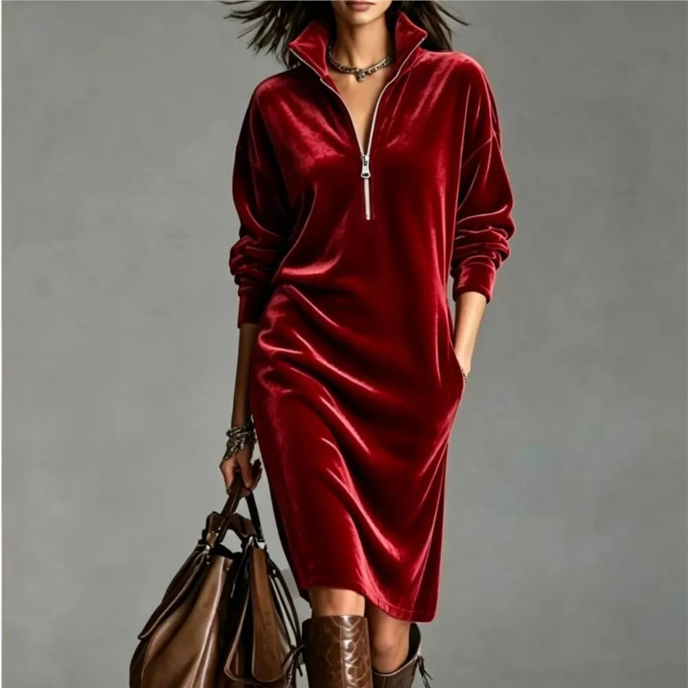 Women's polyester midi dress with lapel collar