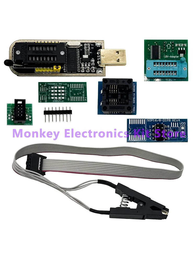 Adaptateur de programmateur CH341A/B + pince SOP8 + adaptateur SOIC8 avec câble + adaptateur 1,8 V Programmateur USB BIOS Flash EEPROM CH341A adaptateur ZIF