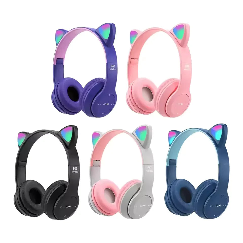 Casque audio sans fil Bluetooth avec oreilles de chat lumineuses, microphone intégré, modèle P47M pour enfants et filles, écouteurs stéréo pour sport