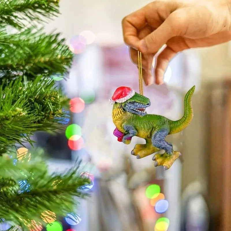 Christmas Tree Hanging Ornaments Dinosaur in Christmas Hat Figurine Decorations