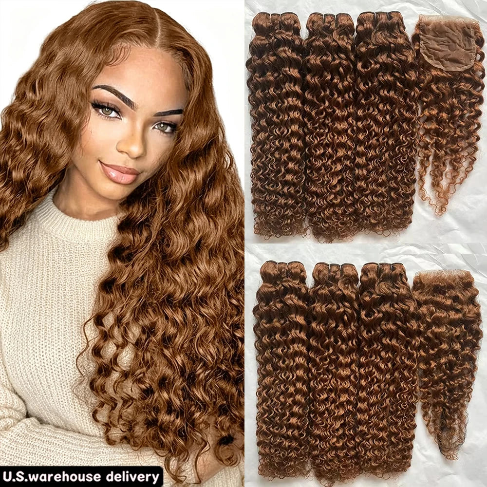 #4 Chocolate Brown Colored Water Wave Human Hair Bundles With HD Transparent Lace Closure Frontal Wet and Wavy Weave Deep Curly Wave Human Hair Extensions for Black Women