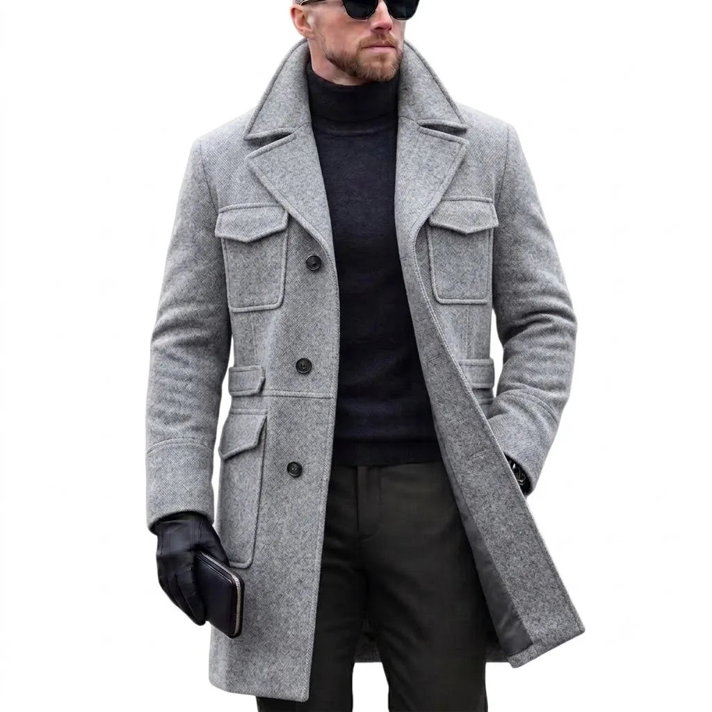 2026 Autumn Winter Woolen Coats Men Solid Color Turn Down Collar Single Breasted Multi Pocket Smart Casual Trench Outerwear Man