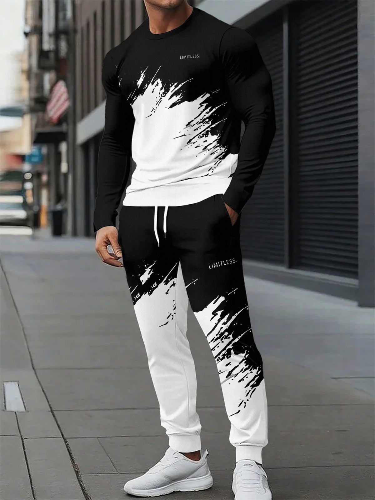 Men's Two-Piece Set Autumn 2026 New Arrival Black White Tie-Dye Panel Print Stylish Crew Neck Sporty Trendy Streetwear Style