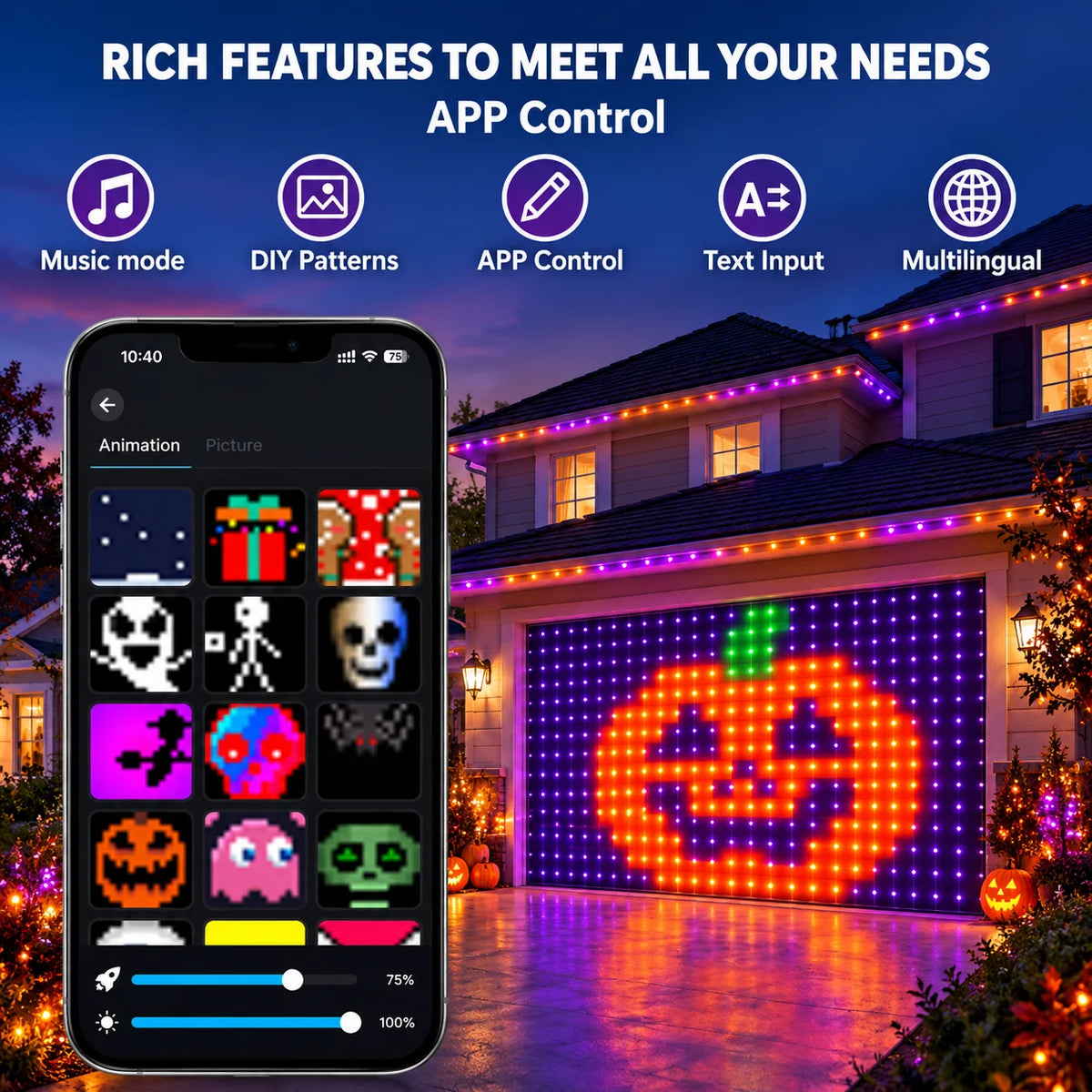 Rideau lumineux à LED RVB contrôlé par application intelligente, motifs personnalisables programmables et affichage de texte, guirlande lumineuse synchronisée sur la musique pour décoration d’Halloween et de Noël aux fenêtres et sur les murs