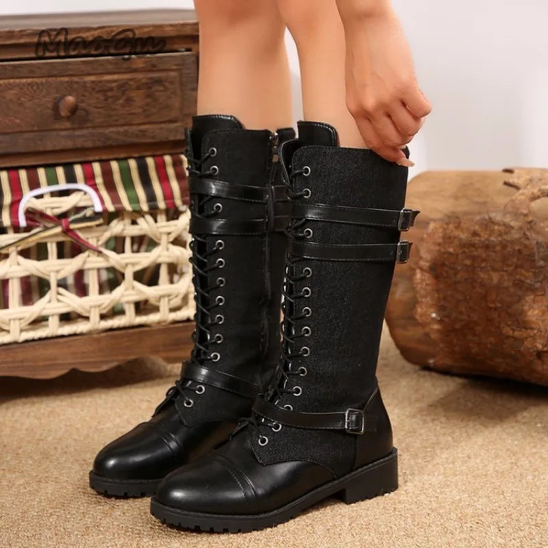 Women's Plus Size 35-43 Chunky Heel Lace Up Riding Boots Mid Calf Leather Boots Round Toe Autumn Fashion Cowgirls Shoes Side Zip