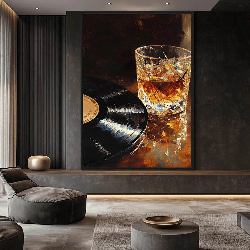 Whiskey und Schallplatte – stimmungsvolles Bar-Poster für Musikliebhaber, Leinwanddruck und Wandbild zur Inneneinrichtung