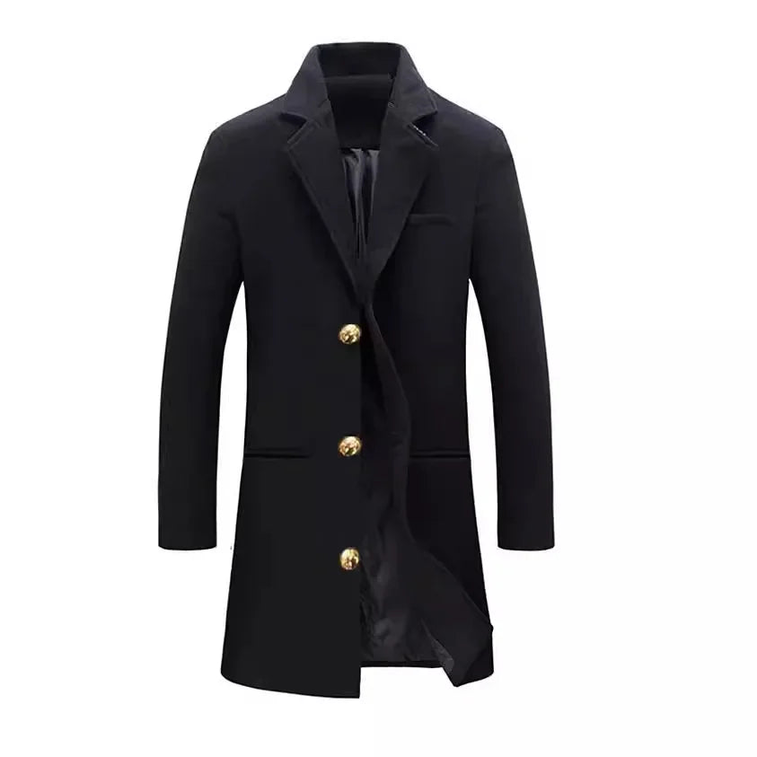 Elegant Men's Casual Windbreaker Coat for Autumn and Winter, Solid Color Button, Long-sleeved, Mid-to-long Style Coat S-XXXL
