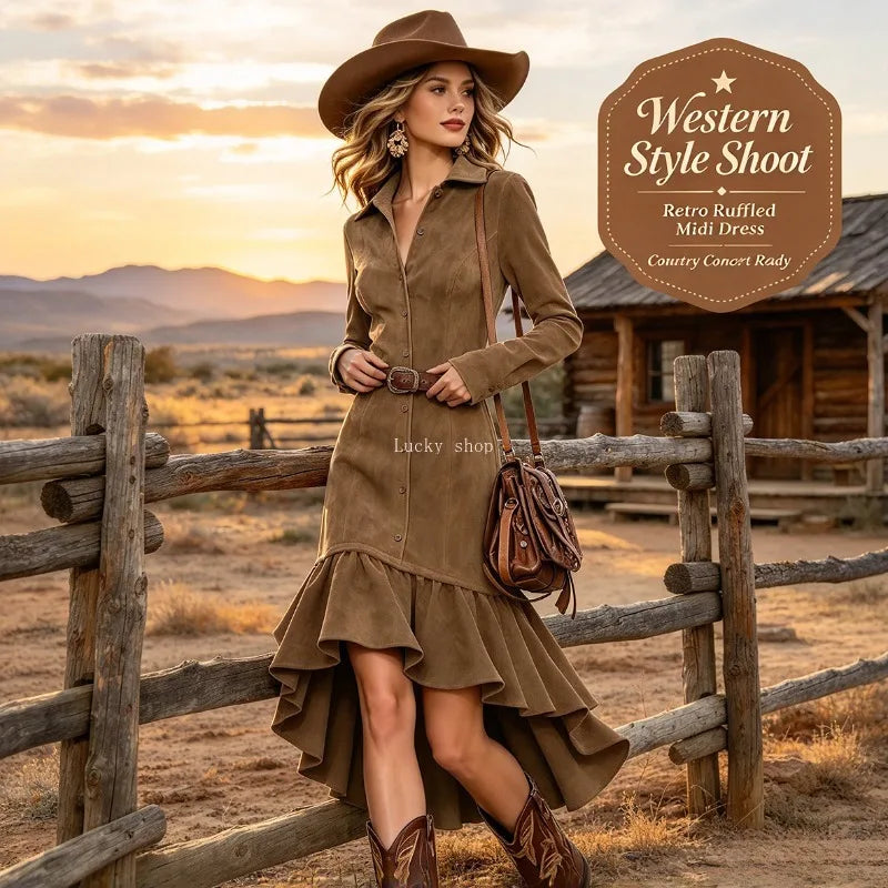 Women's Suede Shirt Dress with Lapels, Long Sleeves, Button Front, Asymmetrical Hem and Ruffle Detail, Midi Length