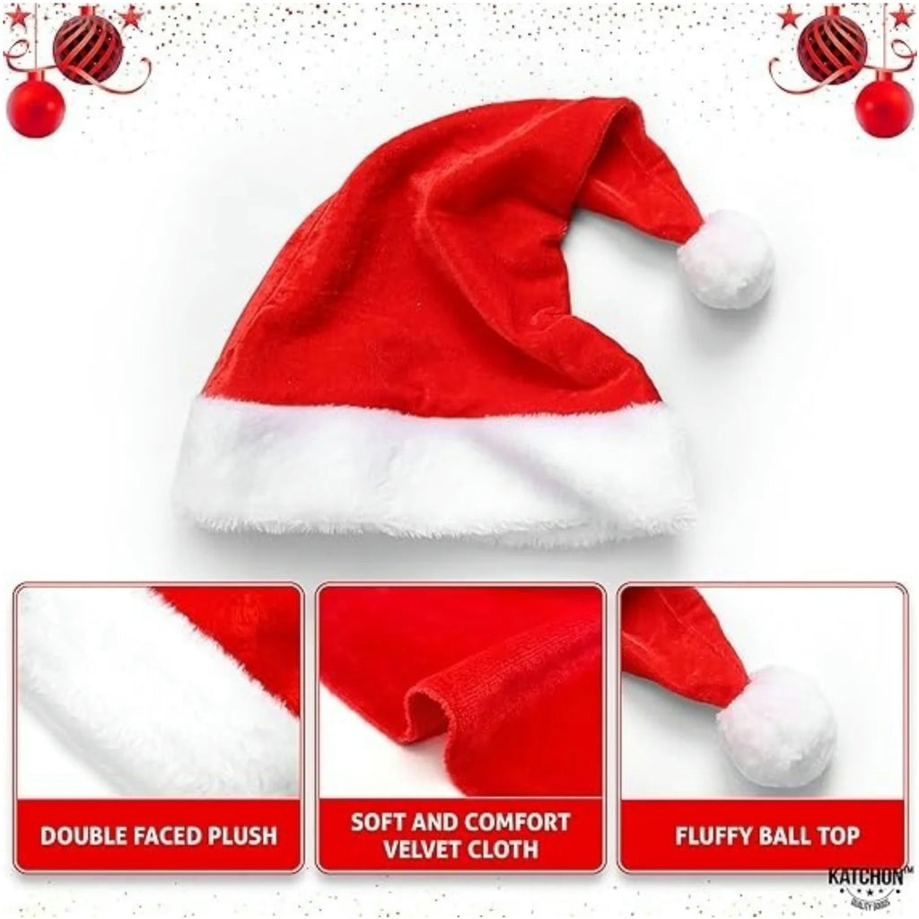 Fluffy Red Santa Hats Set with Plush Brim and Liner for Adults Men Women - Christmas, New Year Party Supplies & Gifts