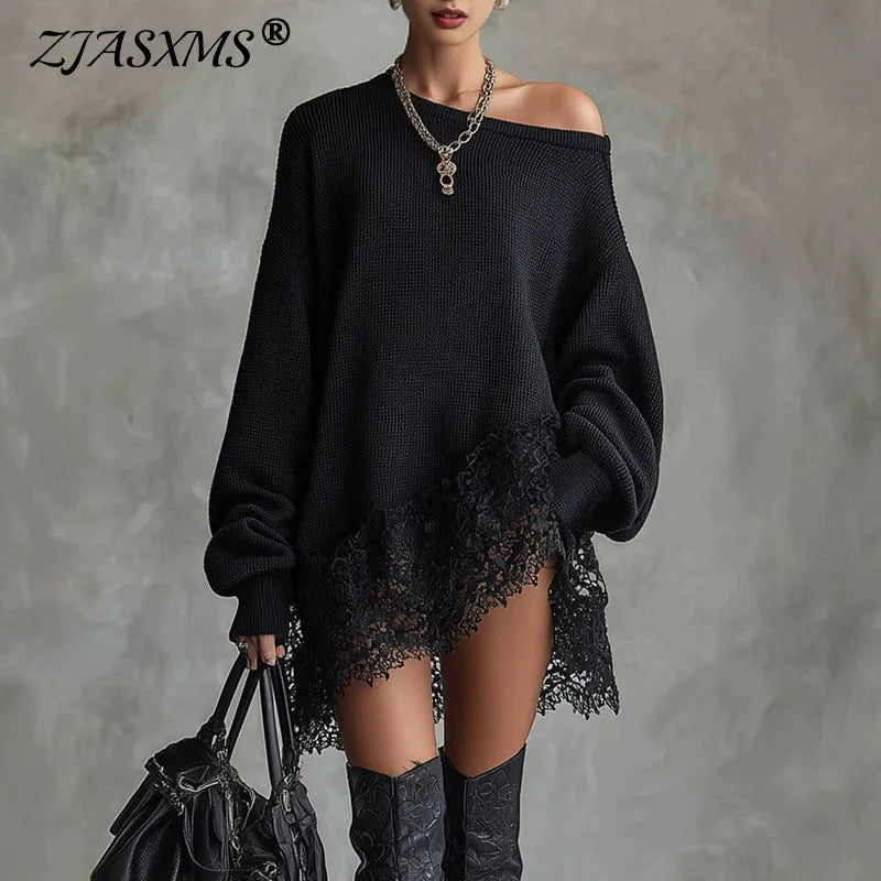 Damen-Strickkleid mit schulterfreiem Ausschnitt und Spitzenbesatz
