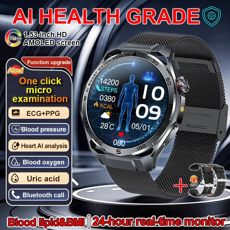 New AI Health Diagnose Smart Watch ECG+PPG Physical examination BP BO2 Uricacid Call Health Tracker Smartwatch For Men Women IOS