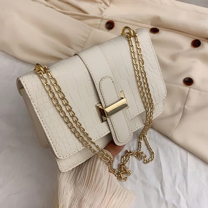 Women Crocodile Pattern PU Leather Square Bag Luxury Gold Chain Crossbody Bag Fashion Shoulder Handbag For Ladies Daily Party