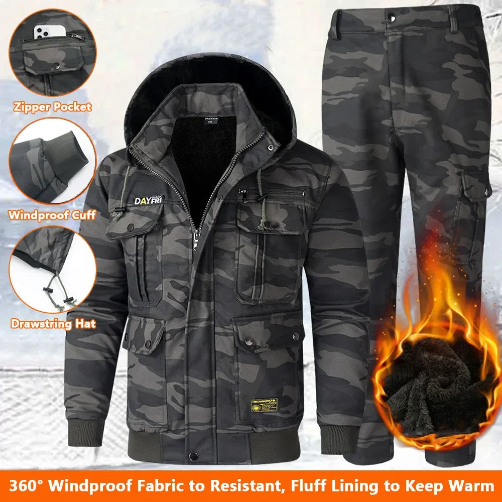 Men's Sets Winter Jackets and Pants Thicken Fluff Lining Warm Puffer Jacket Outdoor Pants Windproof Climbing Ski 2 Pcs