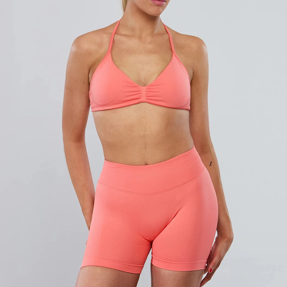 2PCS DF Gym Set Women Strappy Yoga Bra Top Sportswear Workout Scrunch Shorts Sports Suit Seamless Set Fitness Clothes