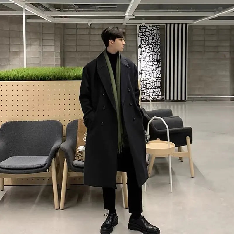 Men Oversized Lapel Long Wool Blend Coat,Loose Open Front Maxi Trench Overcoat,Streetwear Casual Solid Black Long Outerwear