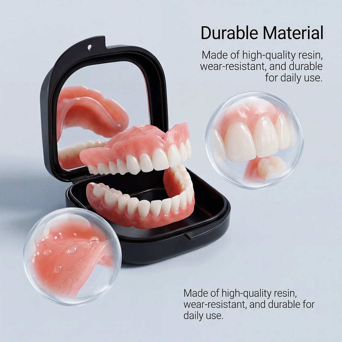 Prothèse dentaire complète sur mesure pour senior, dents en silicone souple et résine légère, boîte de prothèse portable pour les soins bucco-dentaires quotidiens