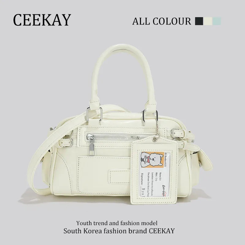 2026 New CEEKAY Boston Bag, Patent Leather Handbag with Card Holder Pendant, Casual Shoulder Bag for Women Casual Crossbody Bag