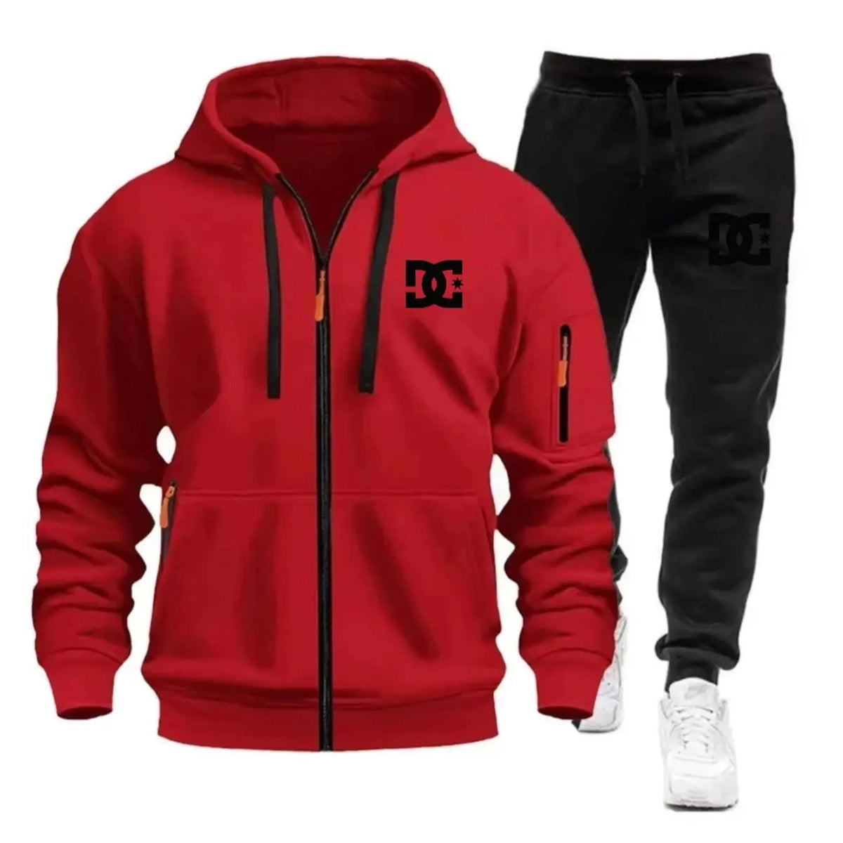 Two sets of men's sportswear for autumn/Winter 2026, including a sweatshirt and two sets of fitness jogging pants with wool caps
