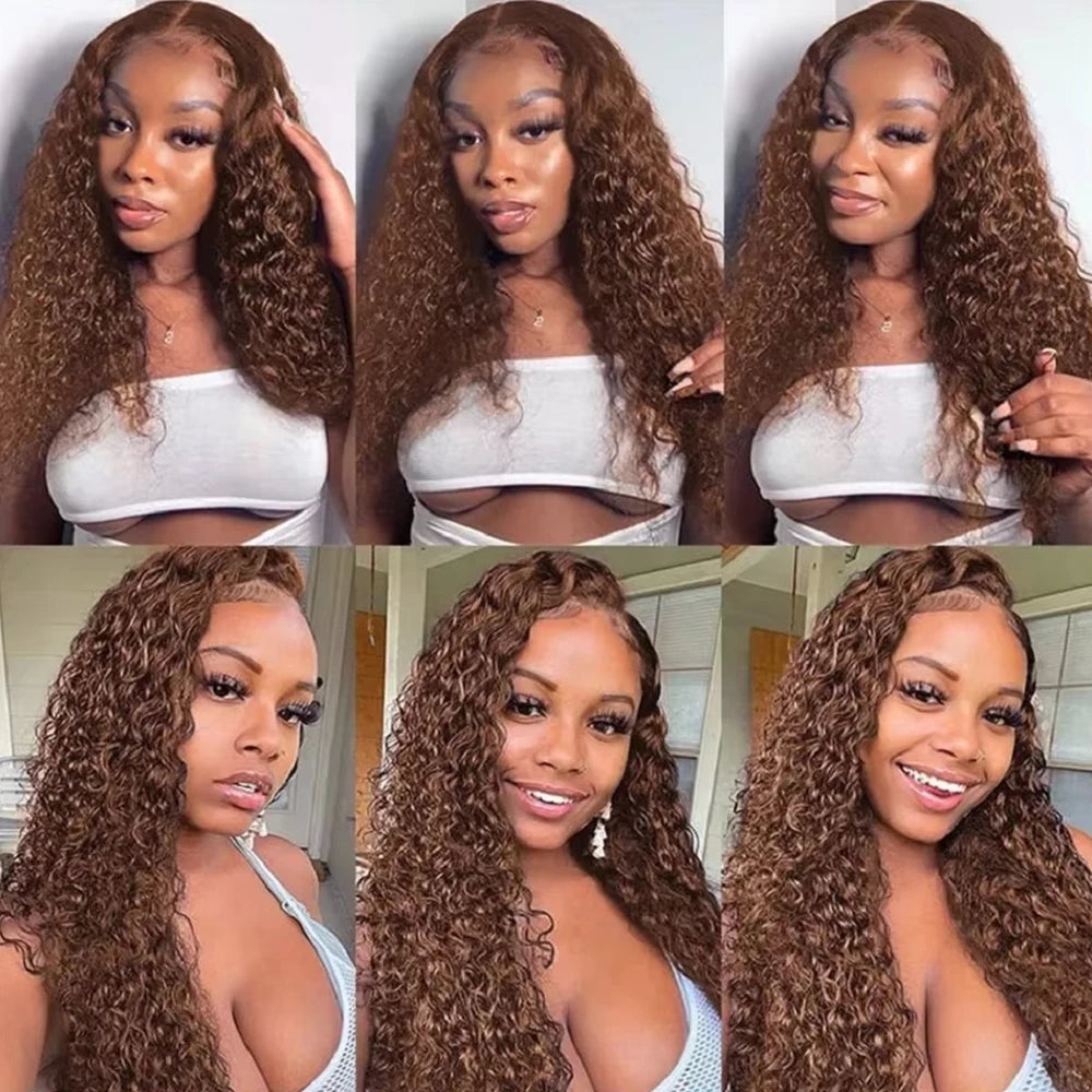 #4 Chocolate Brown Colored Water Wave Human Hair Bundles With HD Transparent Lace Closure Frontal Wet and Wavy Weave Deep Curly Wave Human Hair Extensions for Black Women