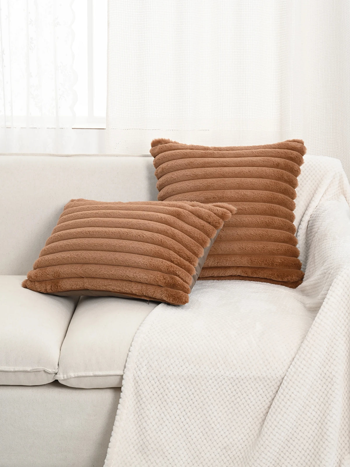 BUYNOW 1PC Faux Rabbit Fur Plush Pillow Cover 30x50cm Soft Fluffy Striped Cushion Cover 45x45cm Home Decor Pillow Cover for Sofa