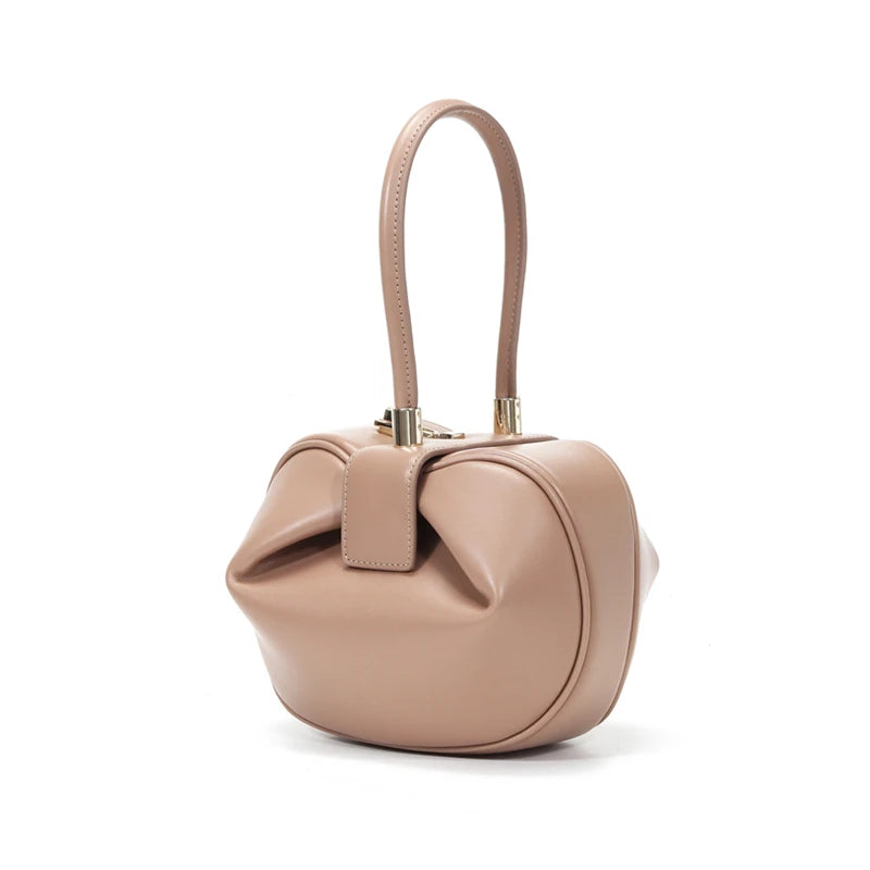HIFASHION Small Genuine Leather Single Top Handle Bag Women Elegant Going Out Evening Party Pouch Purses Round Luxury Handbags