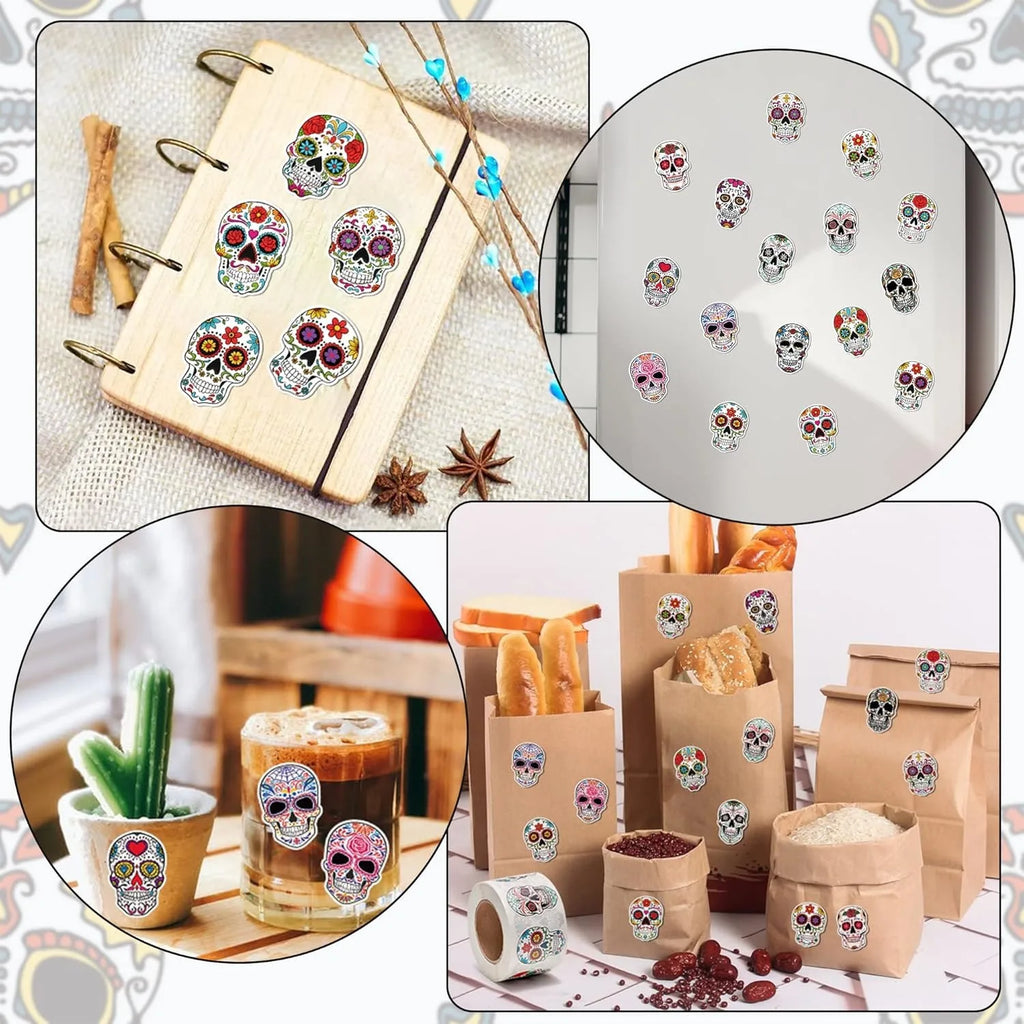 500 Stk. Totenkopf-Aufkleber Halloween Süßigkeiten Totenkopf-Aufkleber Dia de los Muertos Mexiko Tag der Toten Aufkleber für Halloween Party Geschenk