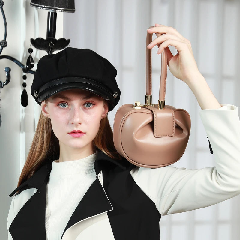 HIFASHION Small Genuine Leather Single Top Handle Bag Women Elegant Going Out Evening Party Pouch Purses Round Luxury Handbags