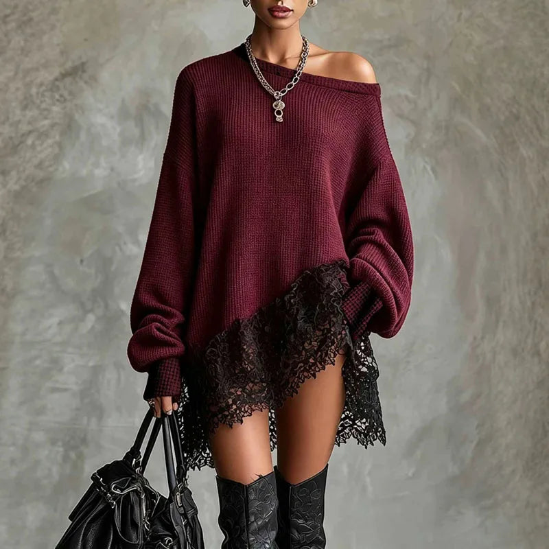 Damen-Strickkleid mit schulterfreiem Ausschnitt und Spitzenbesatz