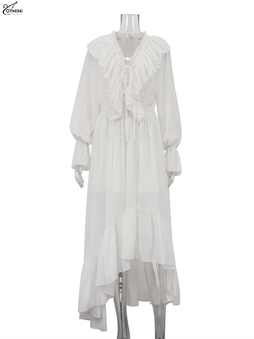 Abito bianco da donna con scollo a V e maniche lunghe