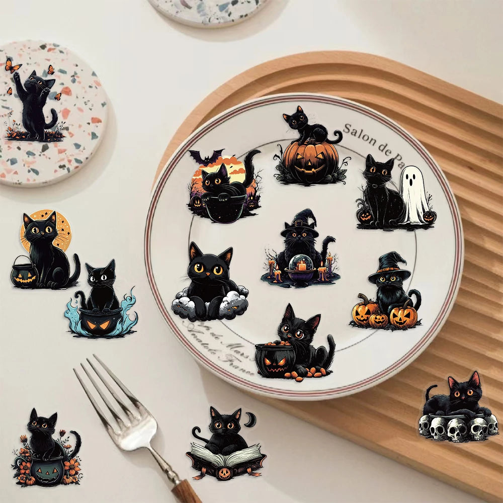 50pcs Halloween Cute Goth Black Cat Stickers Pumpkin Cartoon PET Sticker DIY Guitar Scrapbook Helmet Cool Graffiti Decals Toy