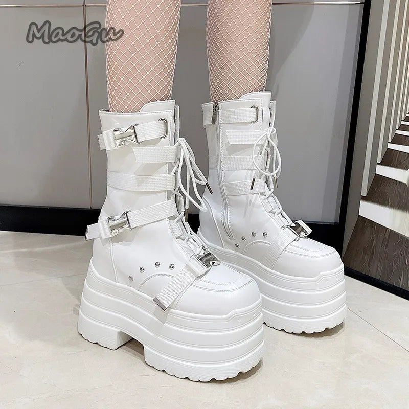 Fashion Design Super High Women's Boots, Thick Soles, Buckle Straps, Lace-Up Gothic Ankle Boots, Platform, Women's Boots, Black and White