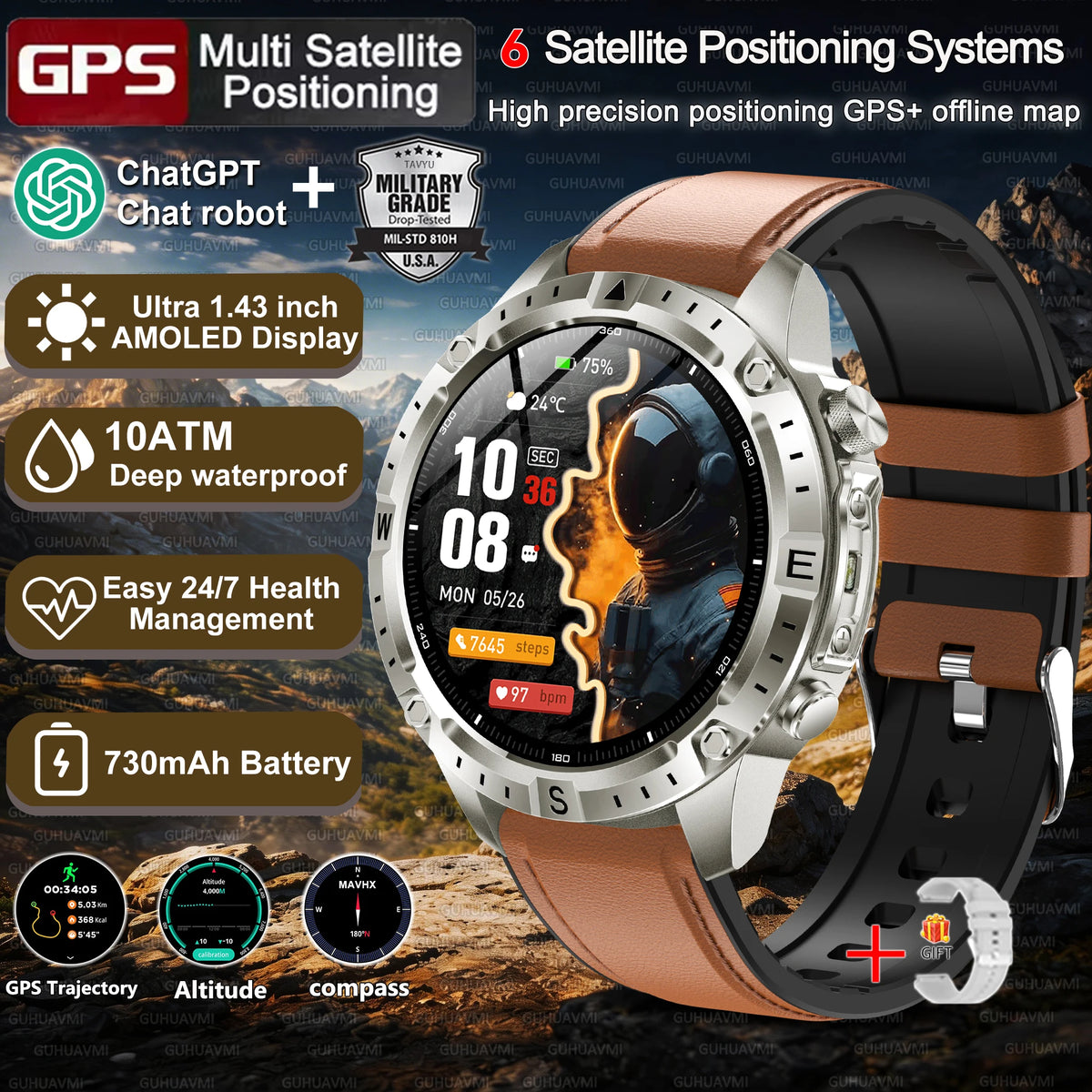 2026New Tank Grade Built in GPS SmartWatch Offline Map 10ATM Swim 2GB Music Compass Bluetooth Call Fitness Sports Smartwatch Men