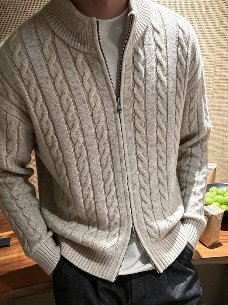 Autumn Men's Jacquard Sweater Solid Color Slim Fit Cozy Sweater Casual Fashion Streetwear Warm Zipper Knitted Cardigan