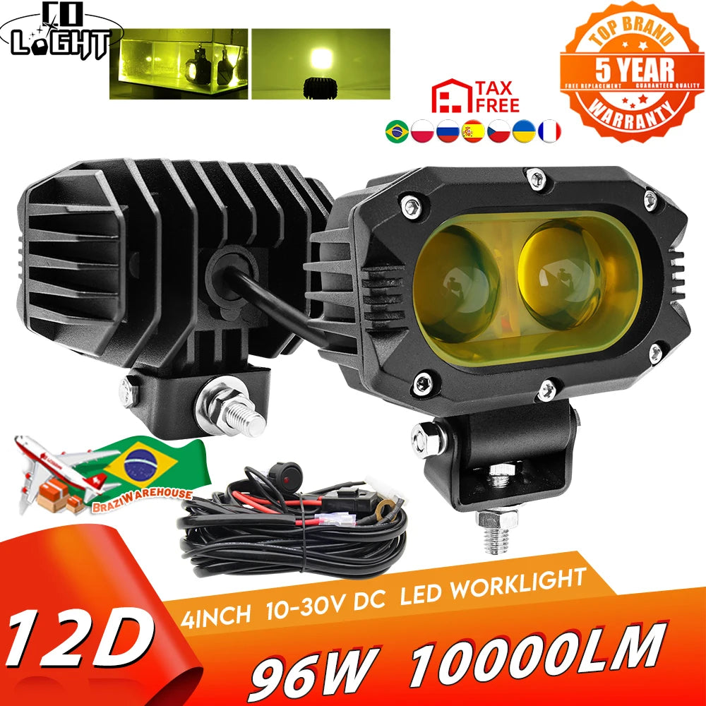 CO LIGHT Barre lumineuse LED de 4 pouces, 96 W, jaune, projecteur de travail pour voiture, faisceau large et focalisé, pour 4x4, tout-terrain, SUV, ATV, bateau, camion et excavatrice, 12 V/24 V