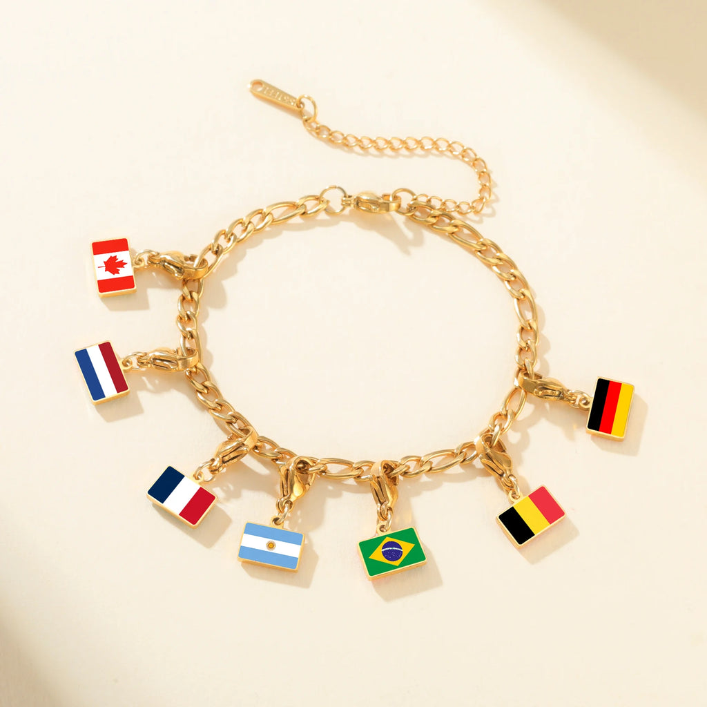 Country Flag Lobster Clasp Charms Pendant Bracelet Stainless Steel Italy France Brazil Spain Flags Jewelry Travel Souvenir Gift