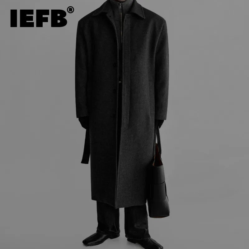 IEFB High-end Fashion Warm Solid Color Men's Wool Coat Turn Down Collar Long Sleeves Belt Tie Waist Coats Winter New Tide 9X2077