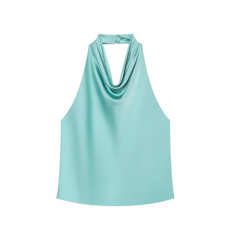 Top satinato da donna con scollo all'americana